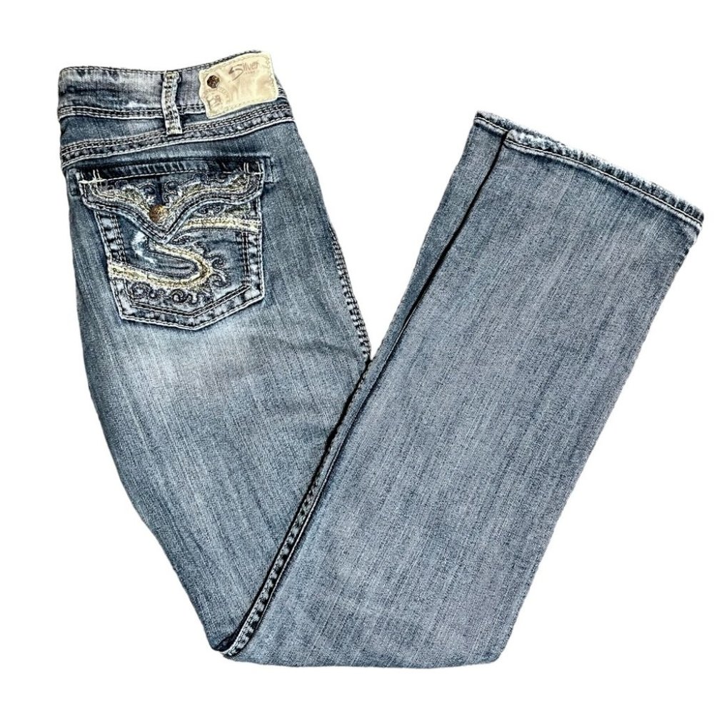 Silver McKenzie Flap Distressed Sequin & Embroidered Straight Leg Jeans